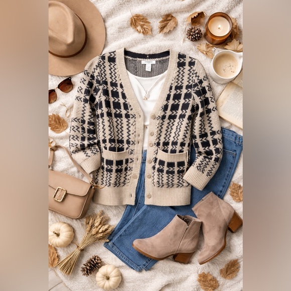 RSQ Fair Isle Cardigan Sweater Small 🤍🖤 Cozy Fall Button Front - Picture 2 of 3